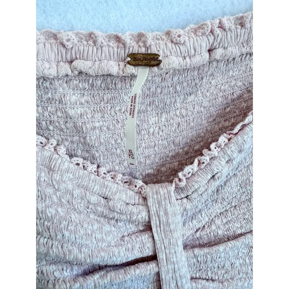 Free People Pink Smocked Peasant Top XL Puff Sleeve Crop Boho Cottagecore